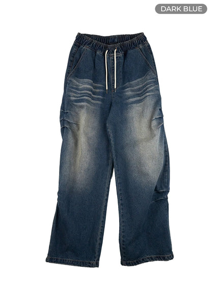 mens-banded-pintuck-washed-jeans-is412 / Dark blue