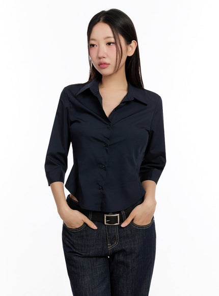 slim-fit-cropped-collared-shirt-iu509 / Dark blue