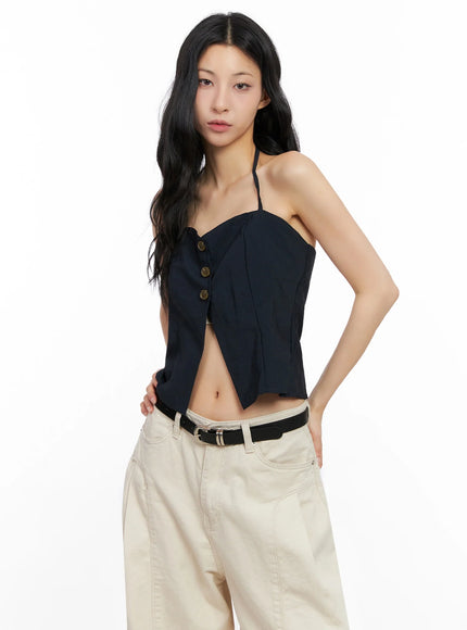 buttoned-halter-neck-top-ig508 / Dark blue