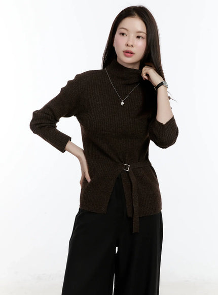 buckle-ribbed-half-turtleneck-sweater / Dark brown