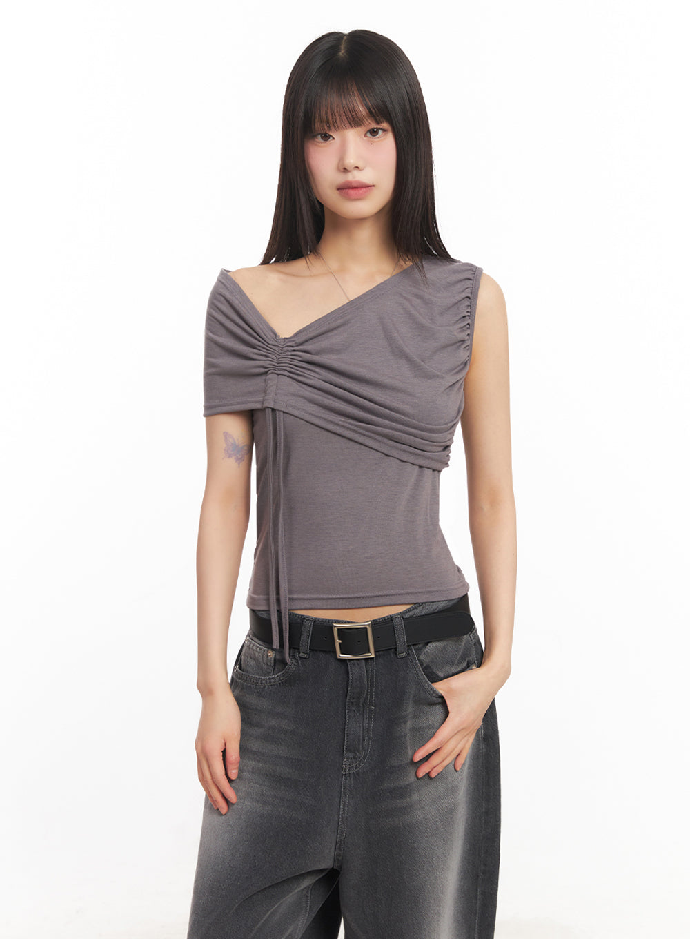 ribbon-one-shoulder-crop-top-ia528 / Dark gray