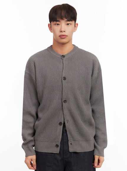 mens-ribbed-buttoned-round-neck-cardigan-if517 / Dark gray