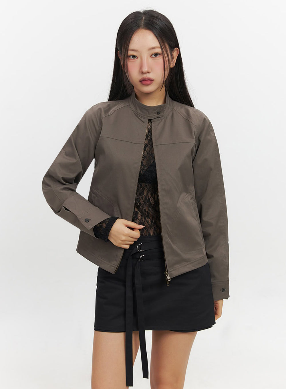 chic-zip-up-long-sleeve-jacket-if510 / Dark gray