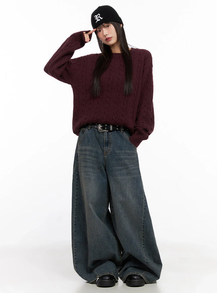 oversized-cable-knit-sweater-in503 / Dark red