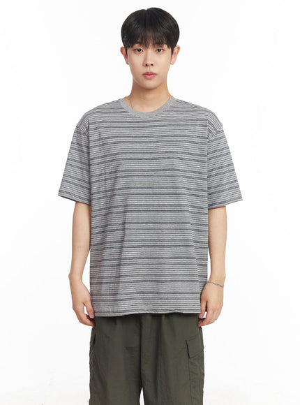 mens-loose-fit-cotton-striped-t-shirt-ia529 / Gray