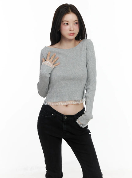 heart-lace-frill-hem-boat-neck-top-if520 / Gray