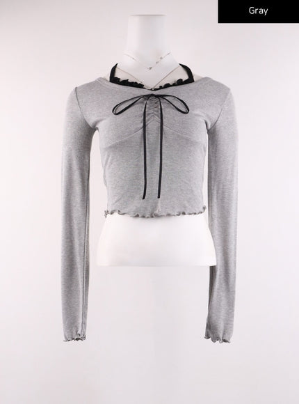 ribbon-halter-shirring-crop-top-ij430 / Gray