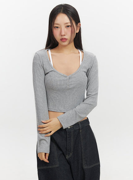 Buttoned Layered Long-Sleeve Crop Top IF510