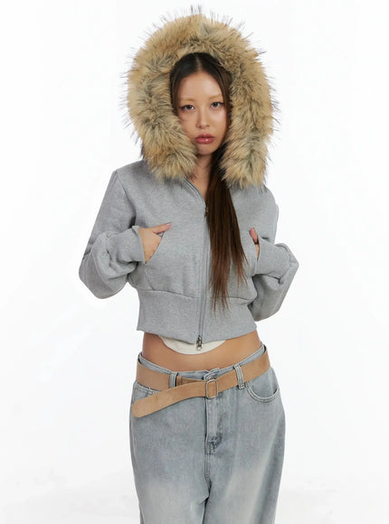 faux-fur-cropped-zip-up-hoodie-in528 / Gray