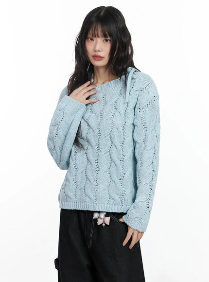 boat-neck-cable-knit-top-if505 / Light blue