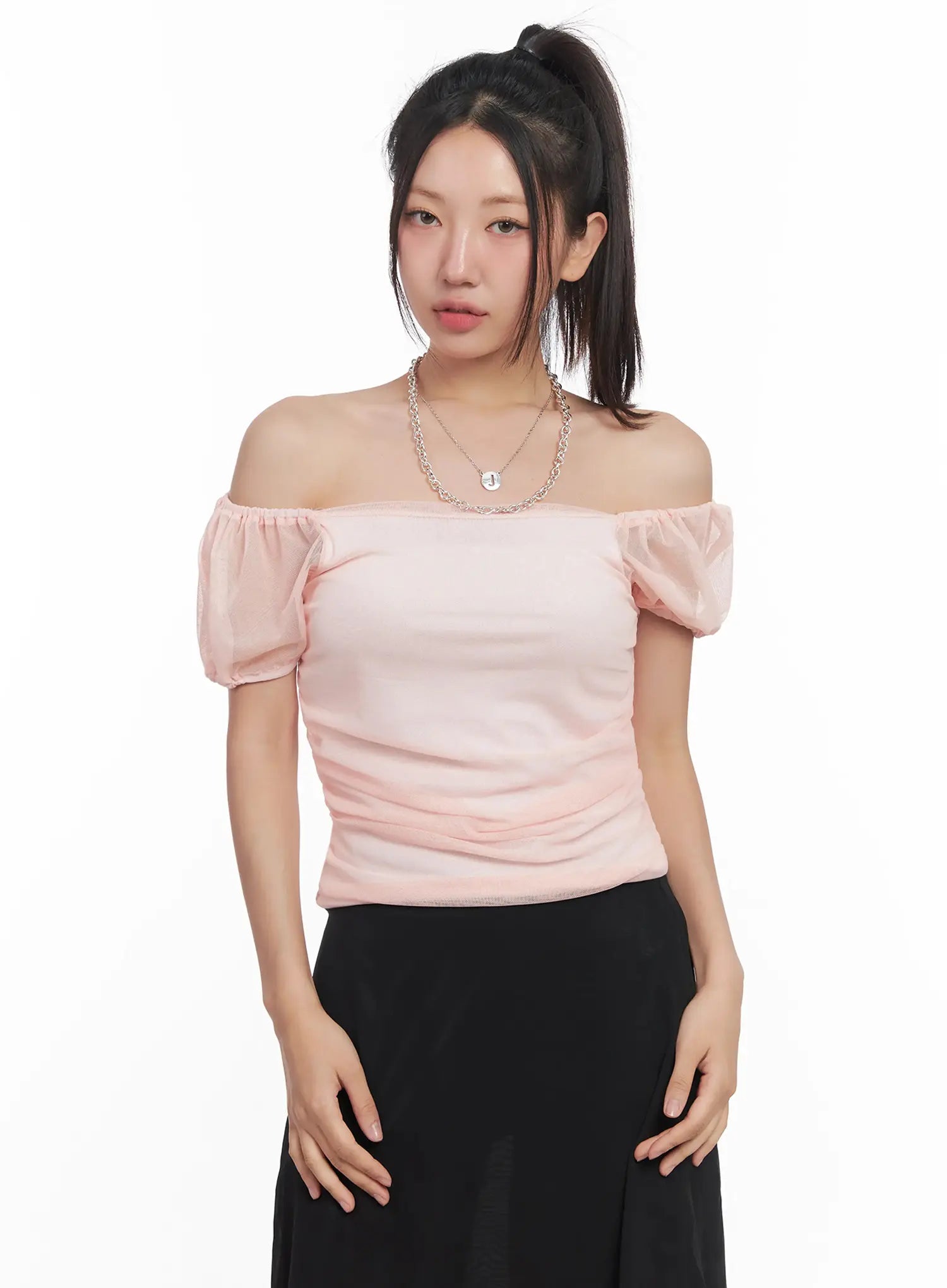sheer-puff-sleeve-crop-top-iu509 / Pink