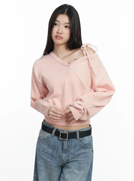one-shoulder-tie-sweater-im504 / Pink
