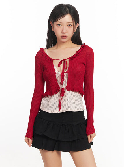 cable-knit-frill-cropped-cardigan-ia525 / Red