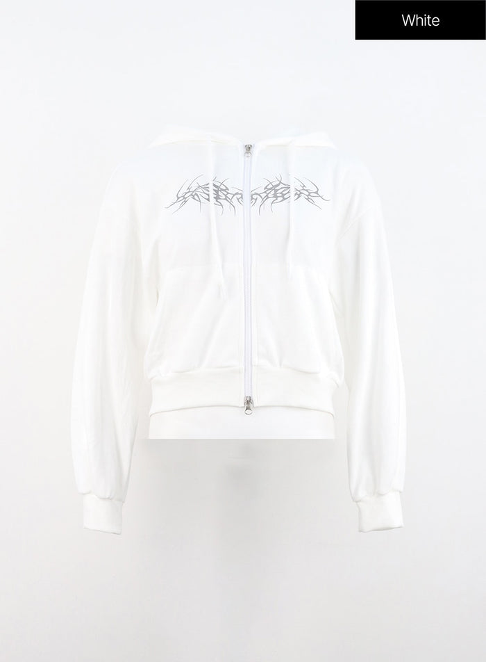 zip-up-graphic-crop-hoodie-in314 / White