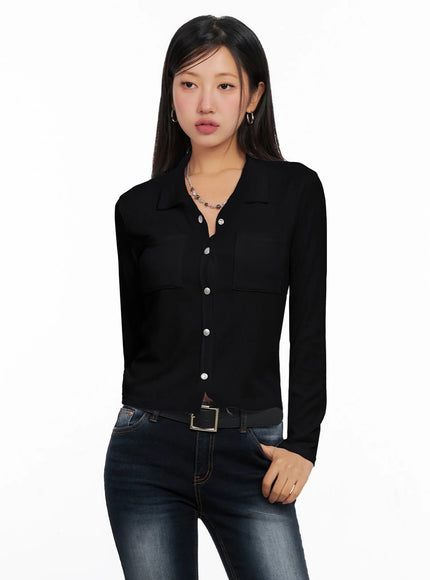 snap-front-collared-long-sleeve-ig528 / Black
