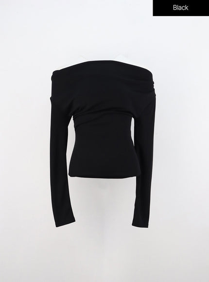 asymmetrical-off-shoulder-shirring-tee-in310 / Black