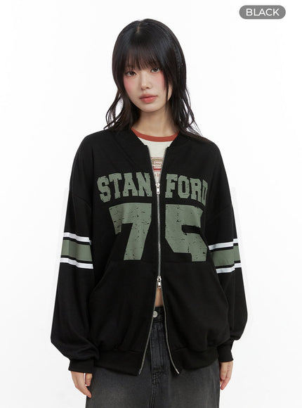 cozy-lettered-zip-up-sweatshirt-io430 / Black