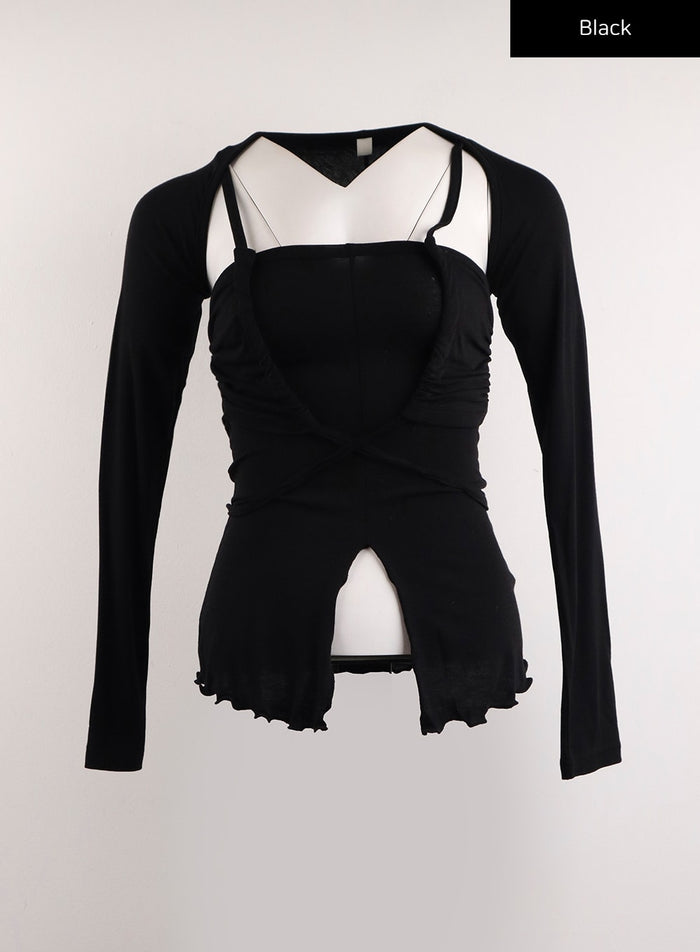 2pcs-solid-cami-top-cardigan-set-ij411 / Black