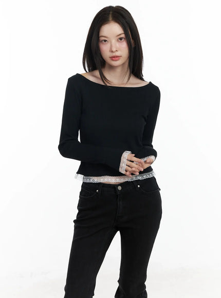 heart-lace-frill-hem-boat-neck-top-if520 / Black