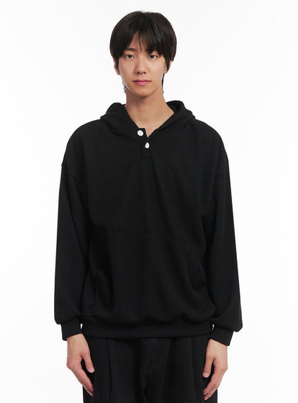 mens-ribbed-buttoned-hoodie-ia511 / Black