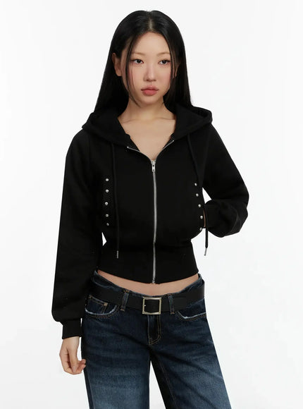 studded-crop-zip-up-hoodie-id525 / Black