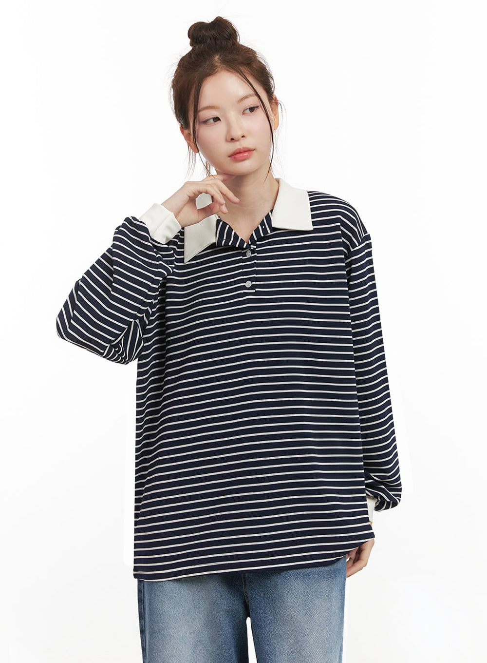 oversized-stripe-collared-long-sleeve-top-ij527 / Dark blue