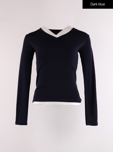 solid-v-neck-long-sleeve-if402 / Dark blue