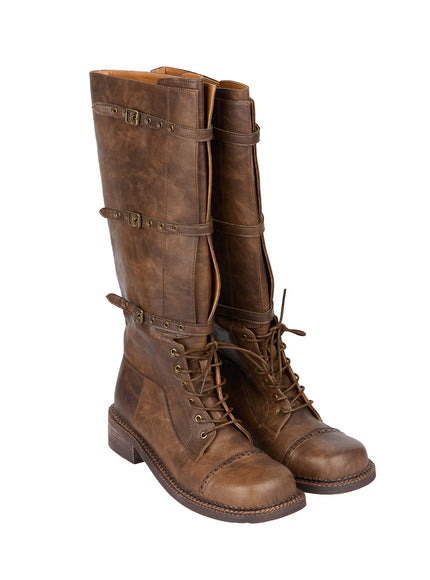 Lace-Up Buckle Faux-Leather Long Boots IF510