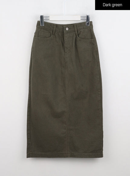 denim-slit-maxi-skirt-in328 / Dark green