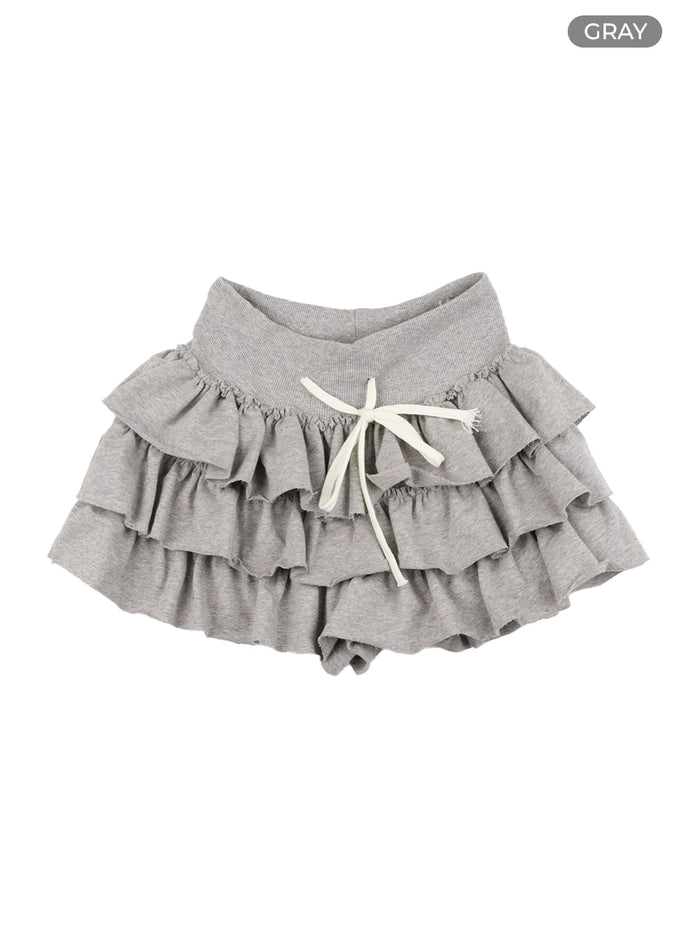 string-waist-ruffle-mini-skirt-ia417 / Gray