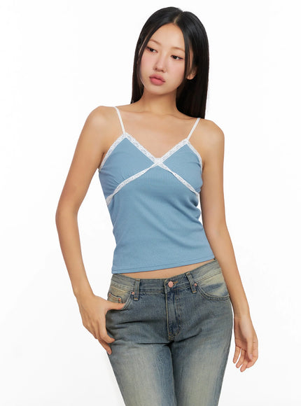 ribbed-lace-trim-camisole-ig528 / Light blue