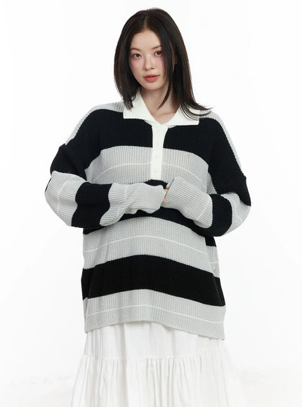 oversized-striped-knit-pullover-sweater-if520 / Light gray