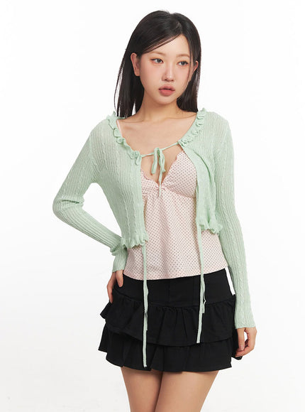 cable-knit-frill-cropped-cardigan-ia525 / Light green
