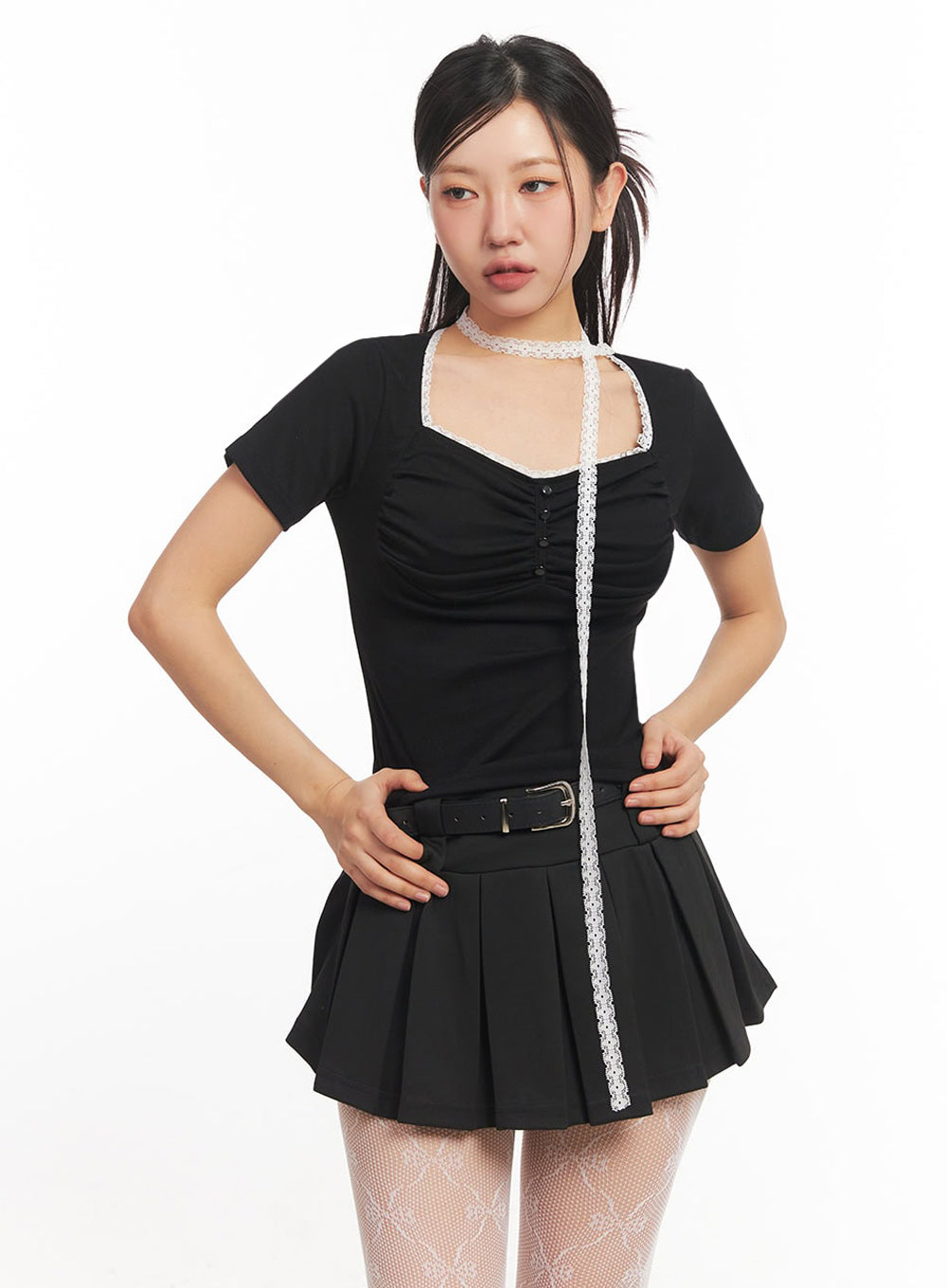 sweetheart-shirred-button-top-with-scarf-ia524 / Black