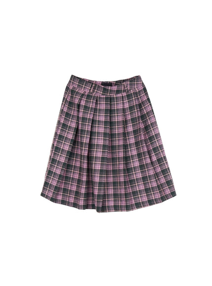 checkered-pleated-midi-skirt-ij527 / Pink