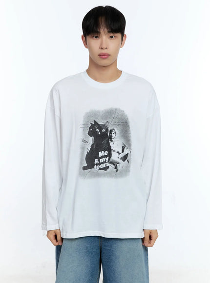 mens-cat-graphic-long-sleeve-t-shirt-ig515 / White