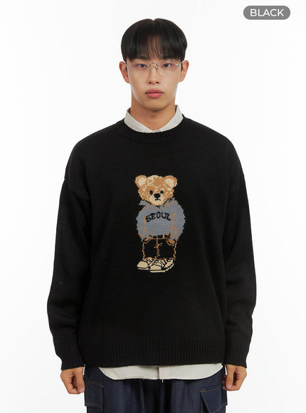 mens-loose-fit-printed-knit-sweater-is419 / Black