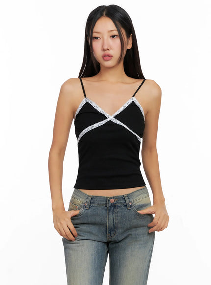ribbed-lace-trim-camisole-ig528 / Black