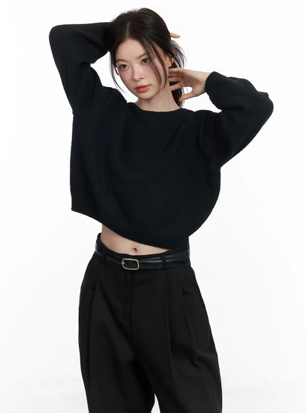 round-neck-knit-sweater-top-if520 / Black