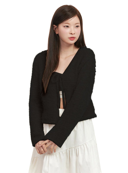 fuzzy-ribbon-tie-cardigan-ij527 / Black