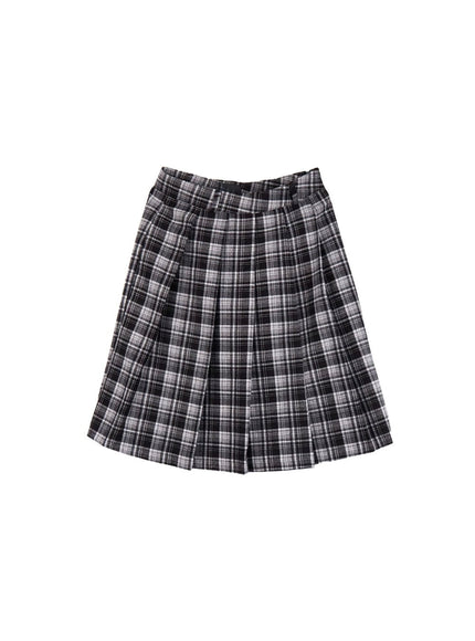 checkered-pleated-midi-skirt-ij527 / Black