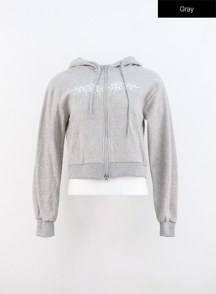 zip-up-graphic-crop-hoodie-in314 / Gray