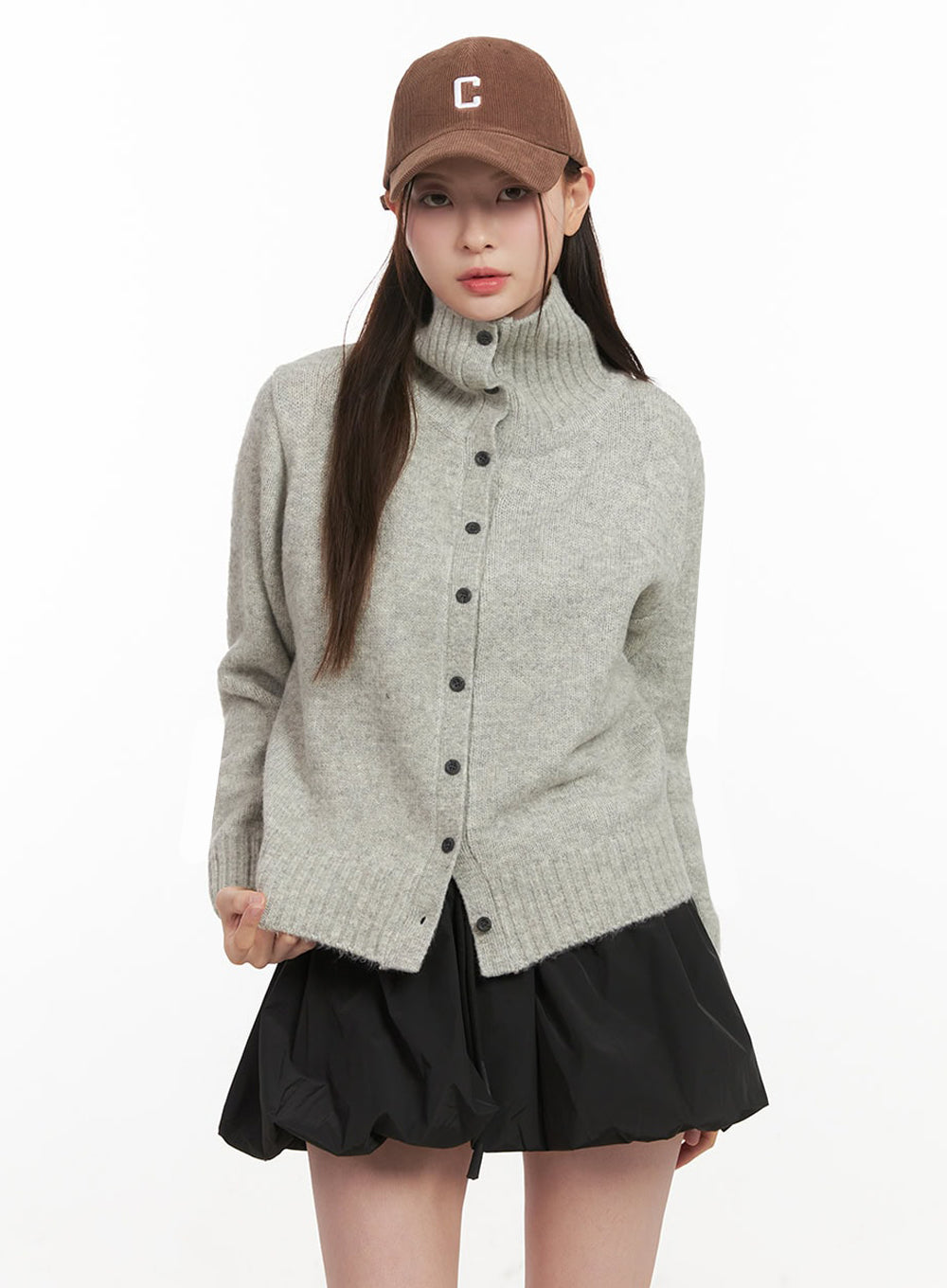 cozy-high-neck-knit-cardigan-ij530 / Gray