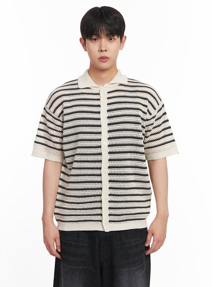 mens-buttoned-short-sleeve-sweater-iy522 / Light beige