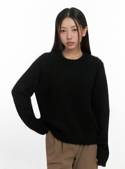 solid-round-neck-knit-top-in415 / Black