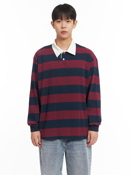 mens-striped-long-sleeve-collared-shirt-im514 / Dark red