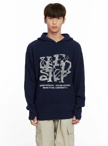 mens-letter-knit-hoodie-io506 / Dark blue