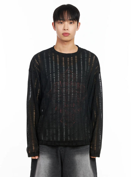 mens-distressed-graphic-long-sleeve-top-im516 / Black