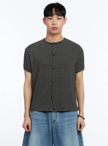 mens-striped-short-sleeve-button-up-cardigan-ia507 / Black