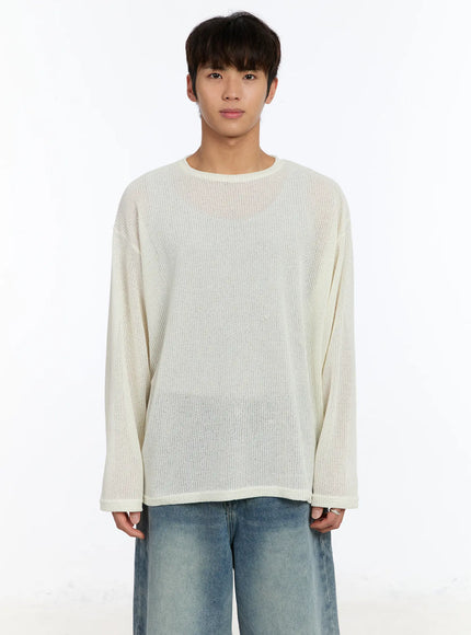 mens-waffle-knit-long-sleeve-top-im530 / Light beige